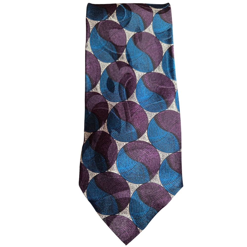 JT Beckett Mens Silk Necktie Purple Blue‎ Geometric Circle Pattern Wide Tie USA